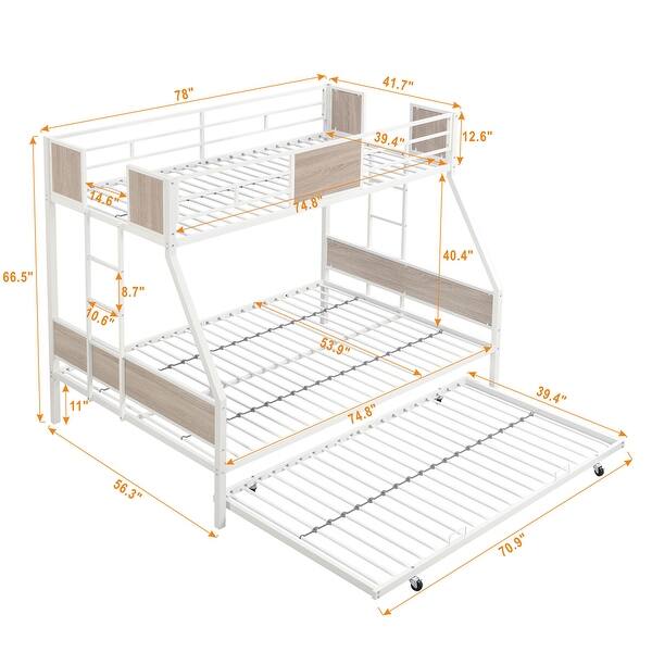 Twin Over FULL Metal Bunk Bed with Trundle 2-Side Ladder and Guardrail