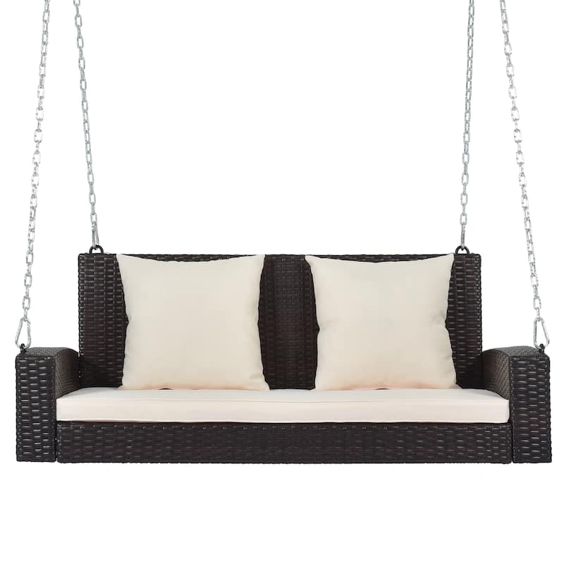 Wicker Hanging Porch Swing Chair Outdoor Rattan Patio Swing Lounge w/ 2 Back Cushions Capacity 500lbs