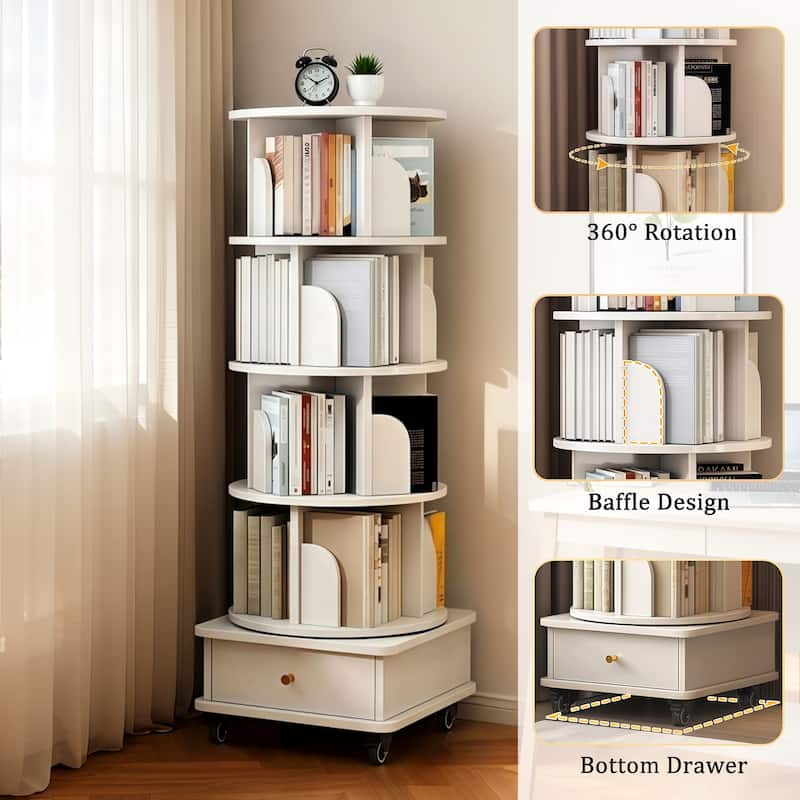 GDF Studio - Purling Modern 5-Tier Wood 360-Degree Rotating Bookshelf with Drawer Storage