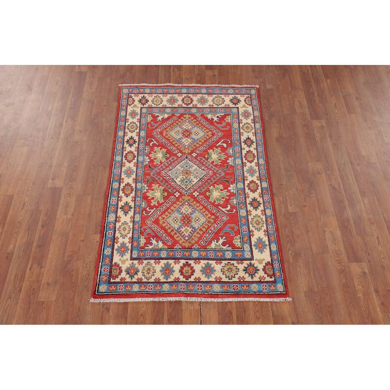 Geometric Orange Kazak Accent Rug Hand-Knotted Wool Carpet - 3'0" x 4'11"