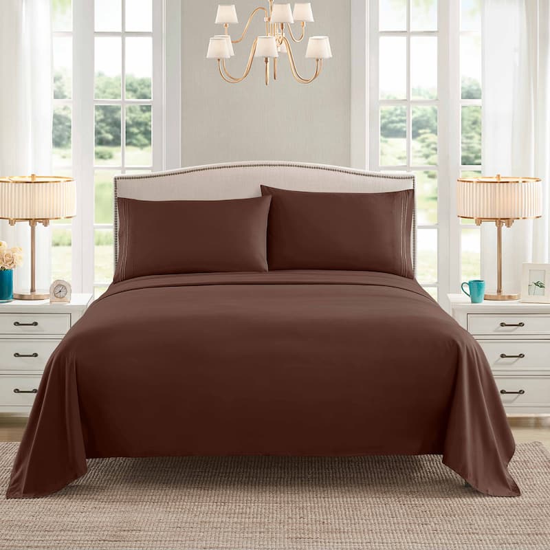 Embroidered 4-piece Bed Sheet Set - Twin - Brown