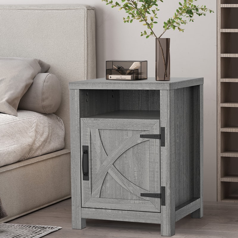 Farmhouse Barn Door Nightstand Bedside Table Set of 2 with Adjustable Shelves