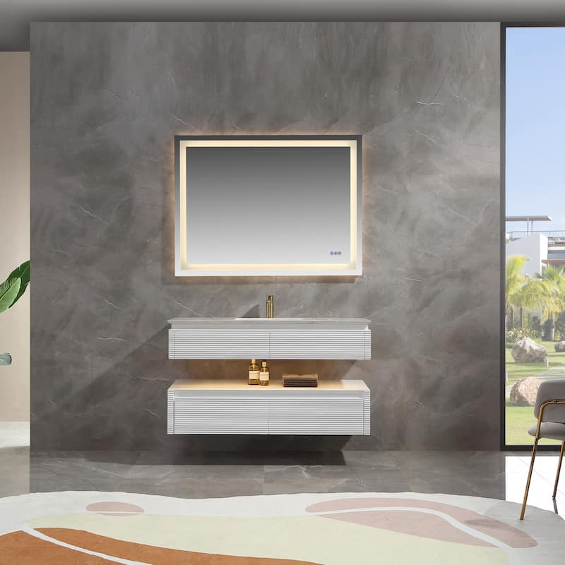 Modland 36''/48'' Floating Bathroom Vanity with ETL-Certified LED Lighting, Soft-Close Drawers & Waterproof, White - 48'' Single sink