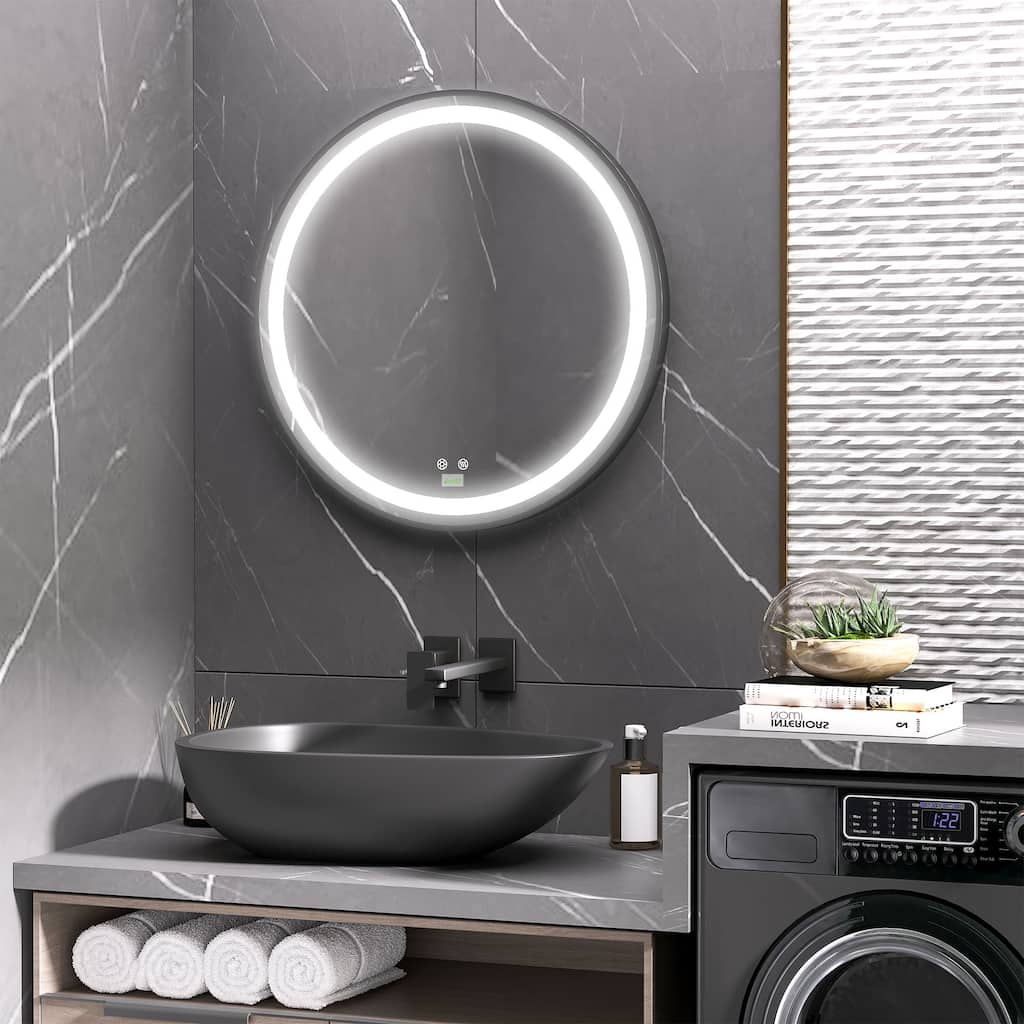kleankin 28-Inch Round LED Bathroom Mirror, Dimmable Lighted Wall-Mounted Mirror with 3 Temperature Colors, Memory Function