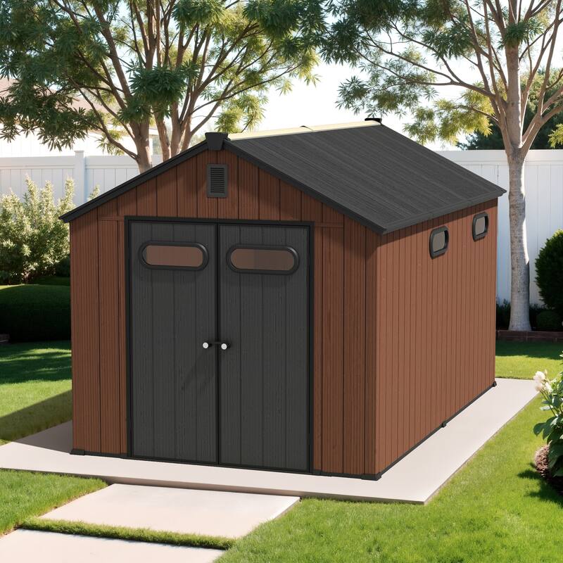 8X12 FT All-Weather Waterproof Plastc Outdoor Resin Storage Shed Windows Lockable Door with Floor for Patio Furniture and Tools