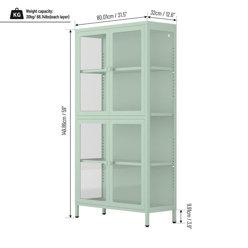 Storage Cabinet with 4 Glass Doors, Modern Sideboard Cabinet with Adjustable Shelves & Steel Feet, Accent Cabinet for Kitchen