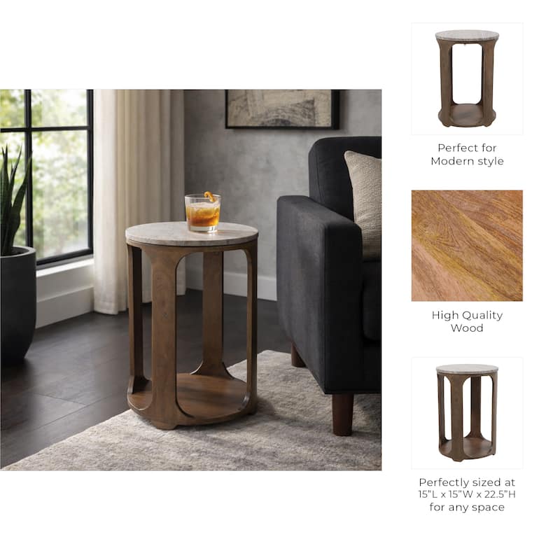 Modern Round Stone Top Accent End Side Table with Wood Base - 22" - 22.25"