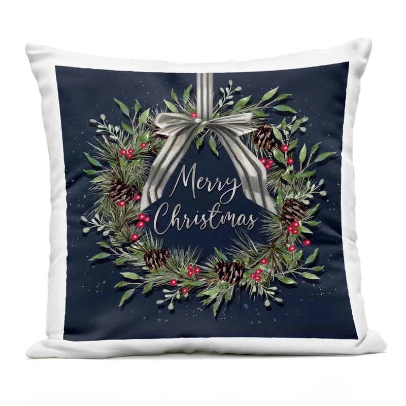 Stupell Hanging Christmas Wreath with Bow Printed Outdoor Throw Pillow Design by Elizabeth Tyndall - Accent - Polyester - Black - Single