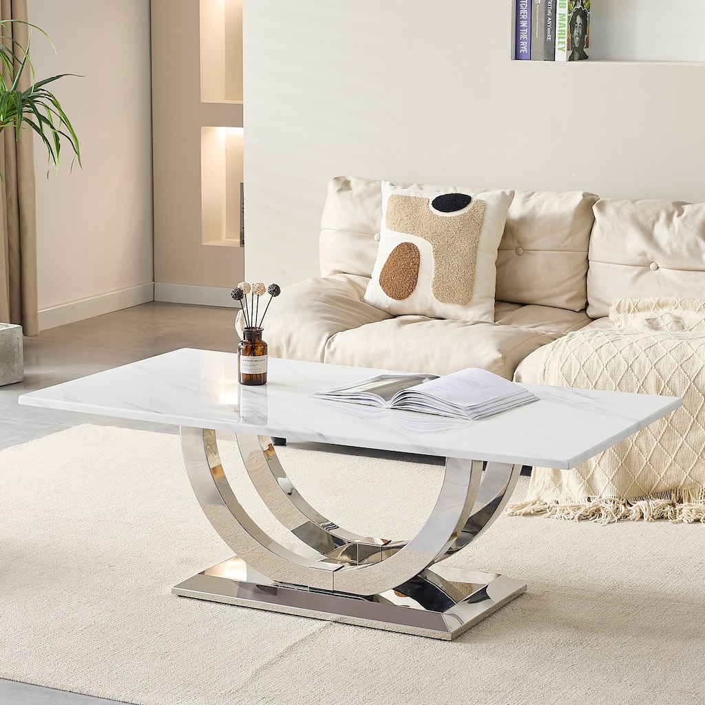 50.4 Inch Modern Rectangular Coffee Table,Marble Pattern MDF Top, Silver Stainless Steel Base.