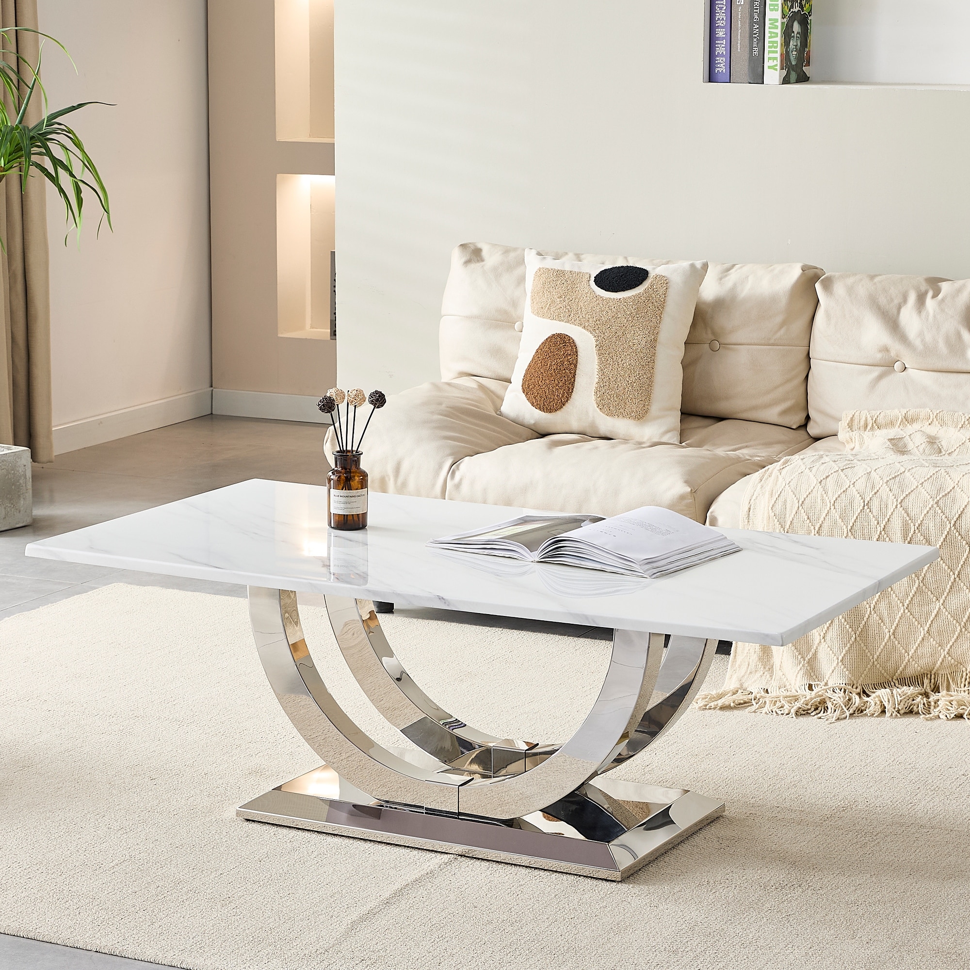 50.4 Inch Modern Rectangular Coffee Table,Marble Pattern MDF Top, Silver Stainless Steel Base.