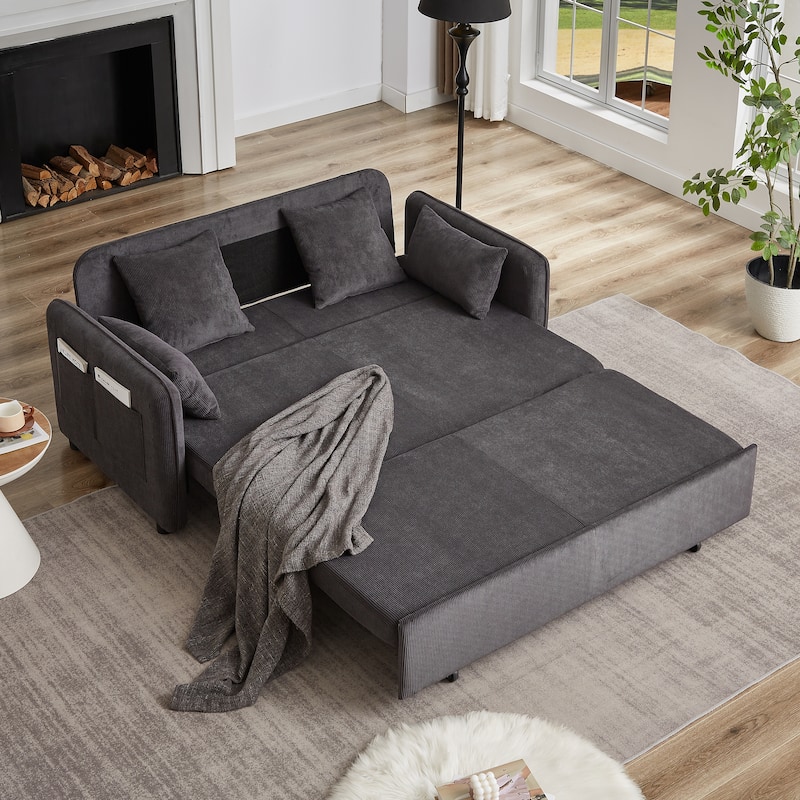 3-in-1 Pull Out Sleeper Sofa Bed, Convertible Corduroy Loveseat Couch with Casters, 4 Pillows and Side Pockets for Living Room