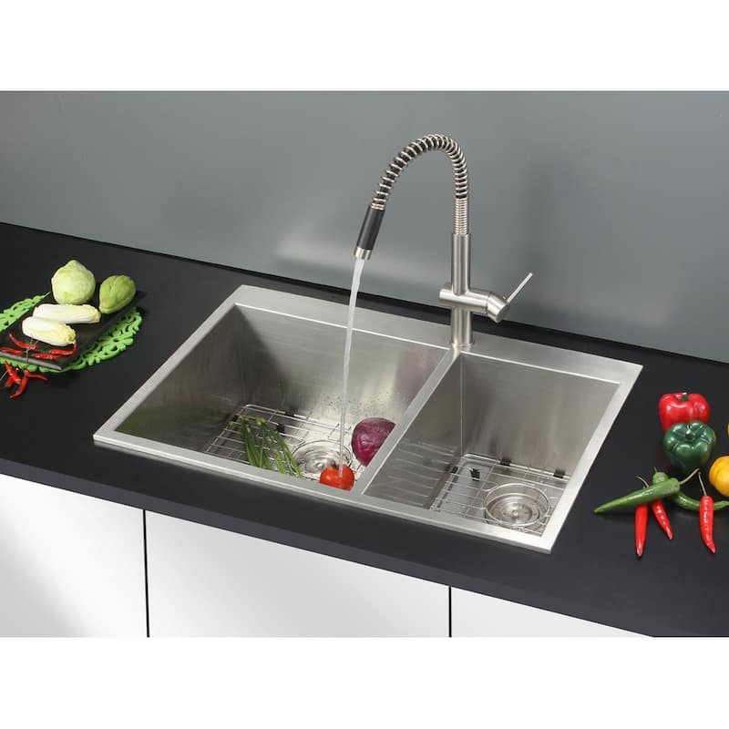 Ruvati 33 x 22 inch Drop-in Topmount 60/40 Double Bowl 16 Gauge Zero Radius Stainless Steel Kitchen Sink -