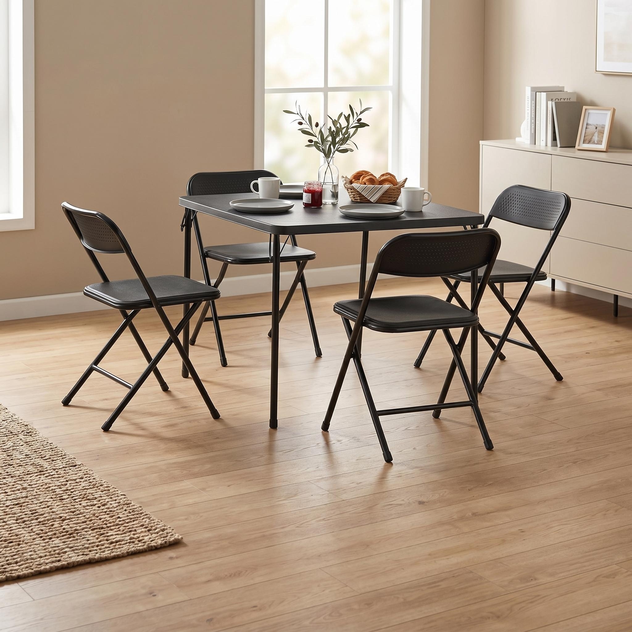 FurnitureR 5 Piece Folding Dining Set Black Compact Table Chairs