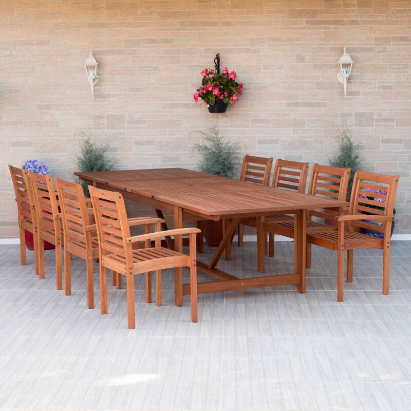 Eucalyptus Patio Dining Set - 9 Piece Extendable Outdoor Table & Chairs - Brown Finish