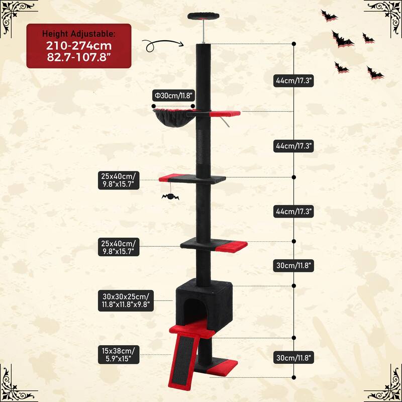 Adjustable Height Floor to Ceiling 5-Tier Tall Cat Tree Tower for Indoor Cats with Cat Condo, Cat Scratching Post and Cat Ladder
