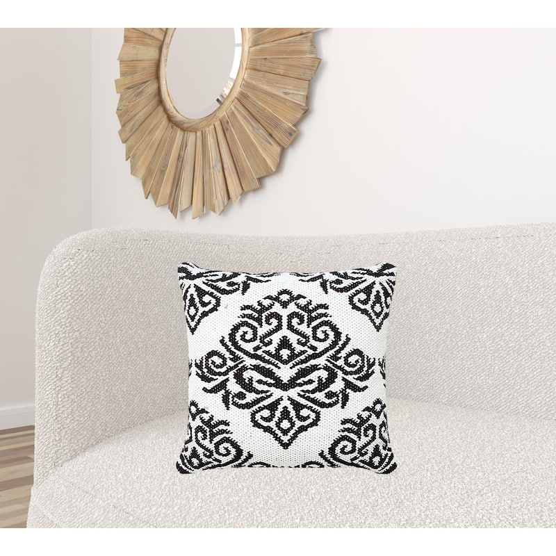 HomeRoots 20" X 20" White And Black 100% Cotton Damask Zippered Pillow