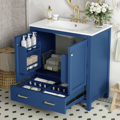 Elegant 30-Inch Gray Bathroom Vanity with Spacious Drawers, Soft-Close Hinges, and Ceramic Undermount Sink