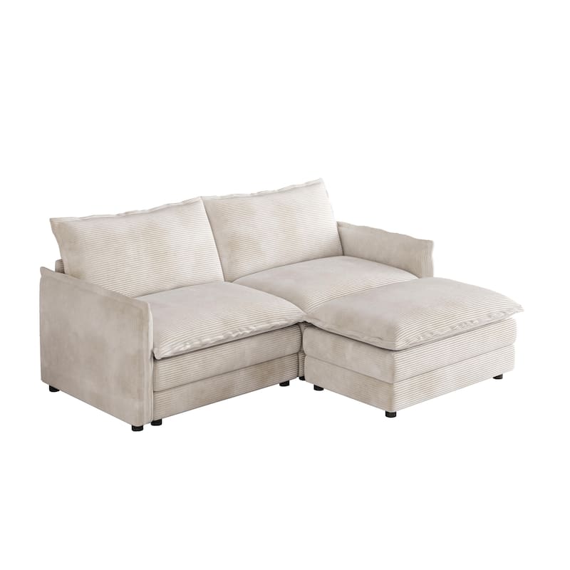 Deep Seating L-shaped Sectional Sofa with Chaise Lounge Modular Sofa Corduroy Upholstered Loveseat with Ottoman and Pillows