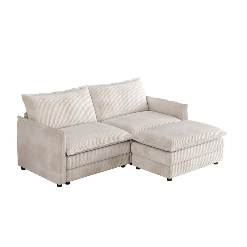 Modern 2 Seater L-Shaped Sectional, Loveseat Sofa Couch with 1 Footrest and Corduroy Upholstery for Living Room or Bedroom