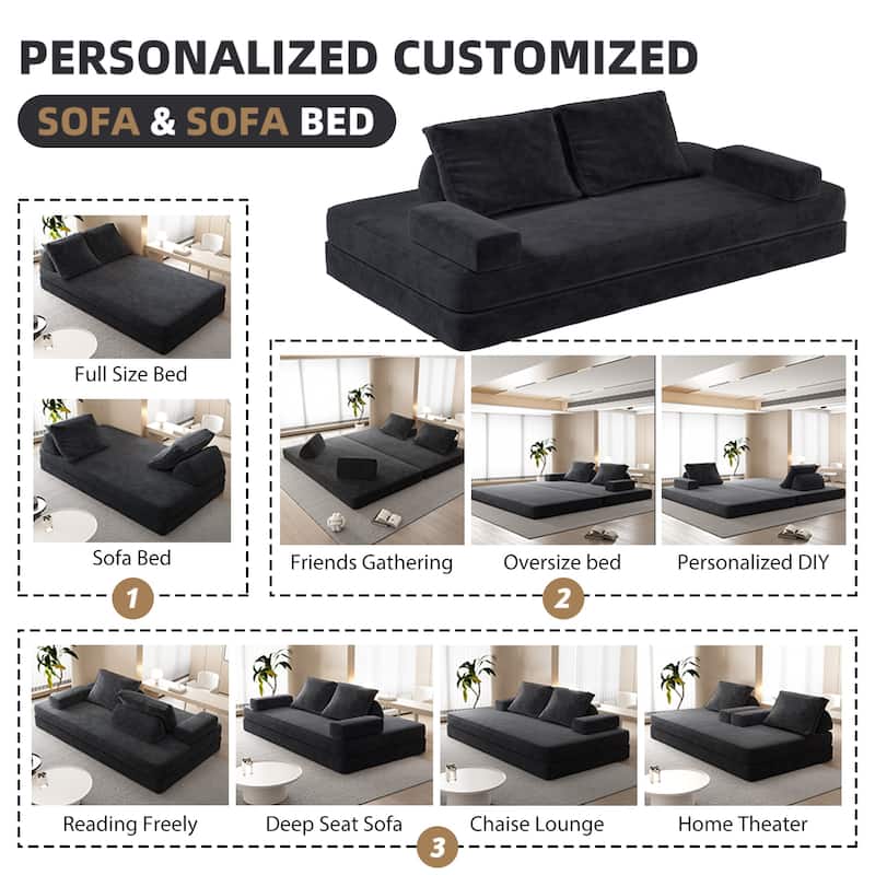 86.6" Convertible Loveseat Sofa Bed with Removable Backrests, Chenille Fabric Sleeper Sofa, Chaise Lounge, Floor Folding Couch