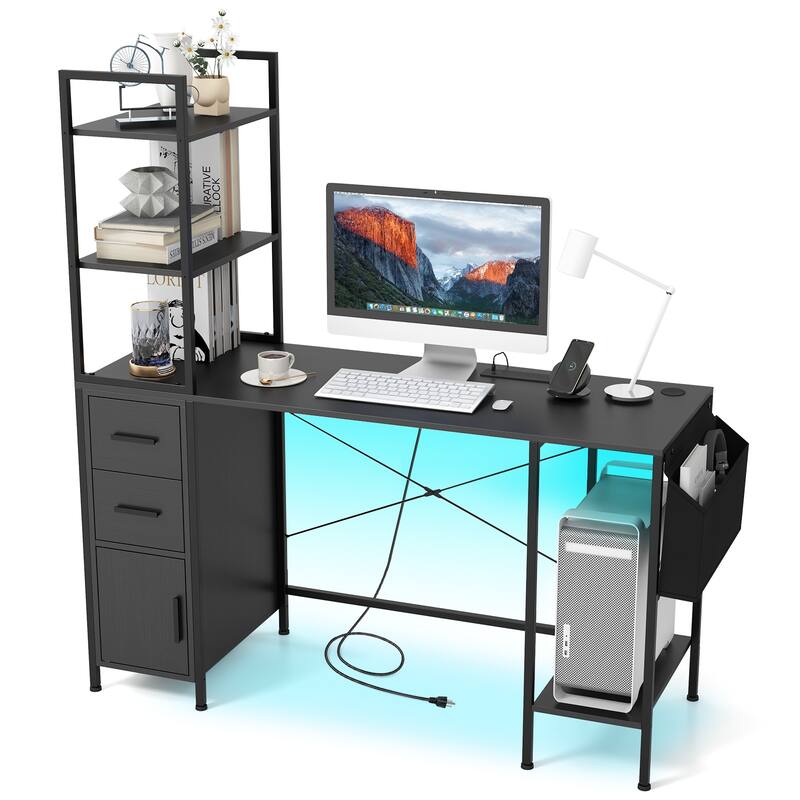 Small Computer Desk with Storage Shelves Modern Writing Table for Home Office in White or Black Engineered Wood