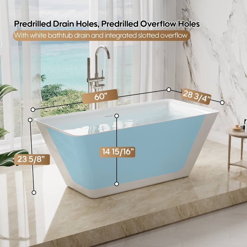 Freestanding Soaking Bathtub, 100% Pure Virgin Acrylic with Drain And Overflow,Glossy White