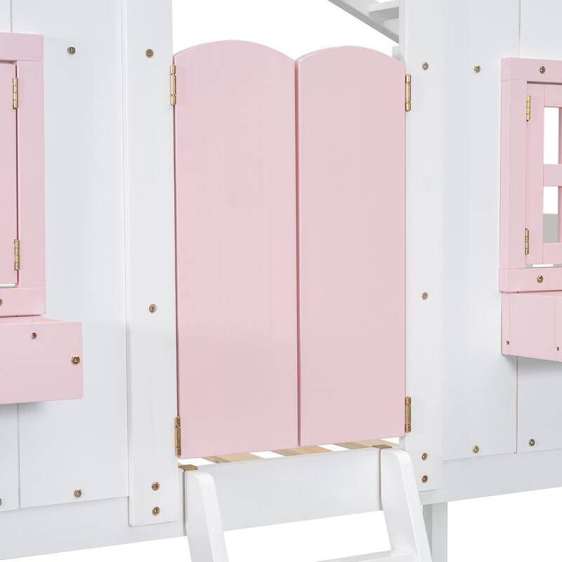 Pink/White Twin Over Twin House Bunk Bed with Roof, Window, Door, Safety Guardrails, and Ladder