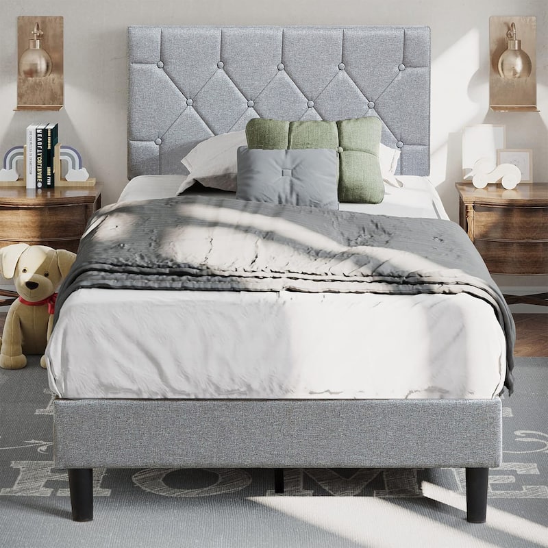 Javlergo Upholstered Beds With Diamond Tufted Headboard, Platform Bed Frame, - Grey - Twin