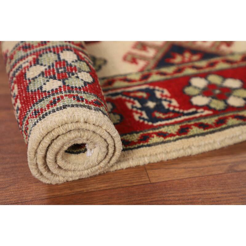 Geometric Kazak Oriental Accent Rug Handmade Beige Foyer Wool Carpet - 2'8" x 4'0"