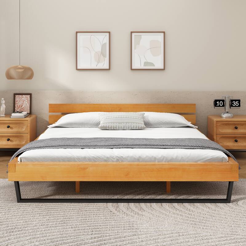 Roomfitters Rustic Pine Platform King Size Bed Frame with Metal Slat Support, Low-Profile Design for Cozy Bedrooms, Teak