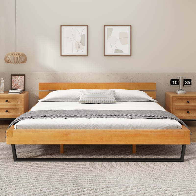 Rustic Pine Wood Platform Bed with Headboard, Wooden and Metal Queen/King Bed Frame, Wood Slats Support, No Box Spring Needed - Natural+Black - King
