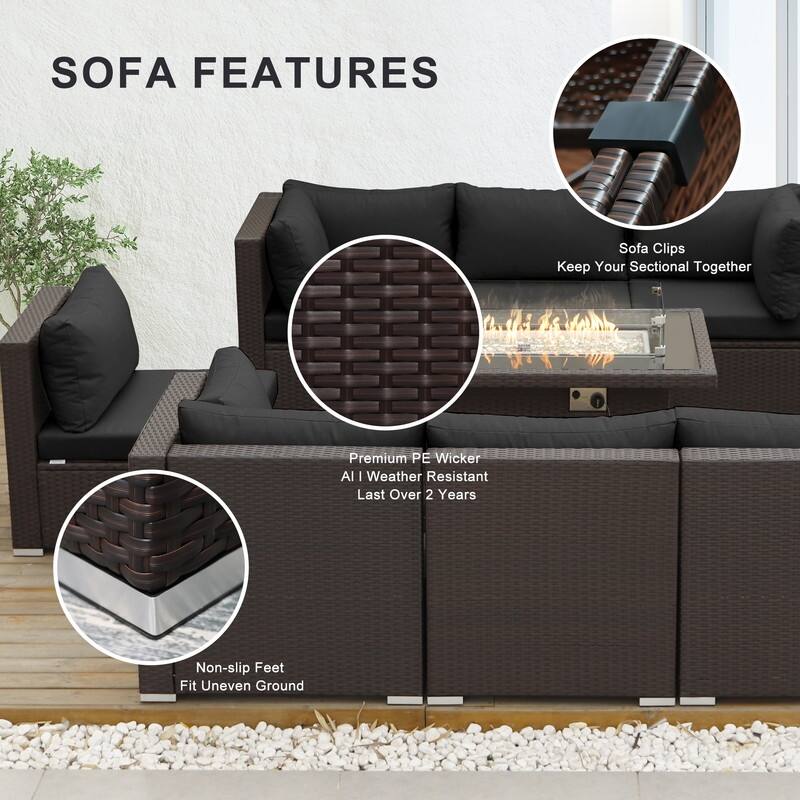 9-Piece Outdoor Brown Wicker Sectional Patio Conversation Set with 43″ Fire Pit Table, Cushion