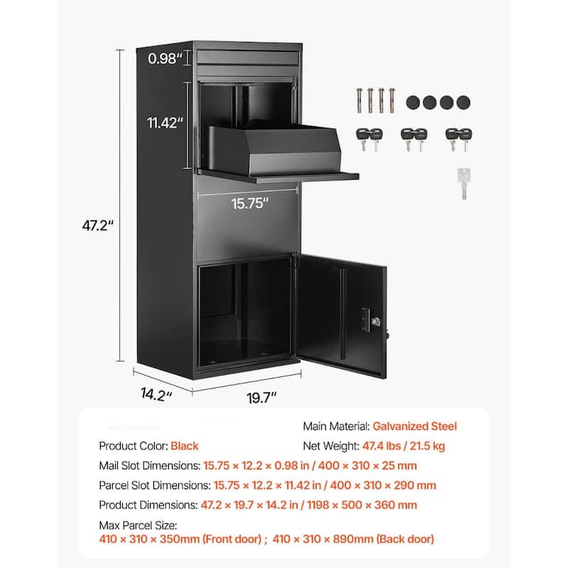 Black Galvanized Steel Parcel Delivery Box with Anti-Theft Plate and Weatherproof Design - 19.7 x 14.2 x 47.2 in