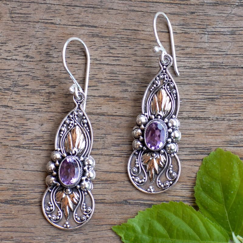 Novica Handmade Flaming Wisdom Gold-Accented Amethyst Dangle Earrings