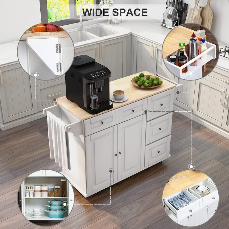Rolling Kitchen Island with Drop Leaf - Mobile Cart with Wooden Countertop, Spice Rack, Adjustable Shelves & Drawers