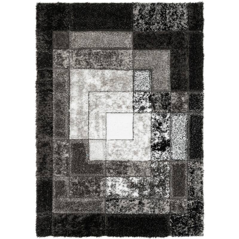 Well Woven Lolly Kenzo Retro Geometric Pattern High Low Shag Area Rug - 5' 3" x 7' 3" - Black Grey - Rectangle