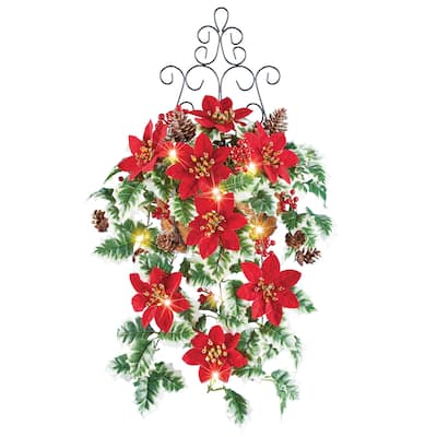 LED Lighted Artificial Poinsettia Metal Wall Basket - 13 x 24 x 7