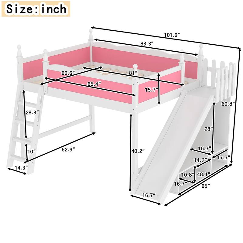 Queen Loft Bed with Storage Shelves and Wardrobe, Solid Wood Loft Beds with Detachable Slide and Ladders, No Spring Box Needed