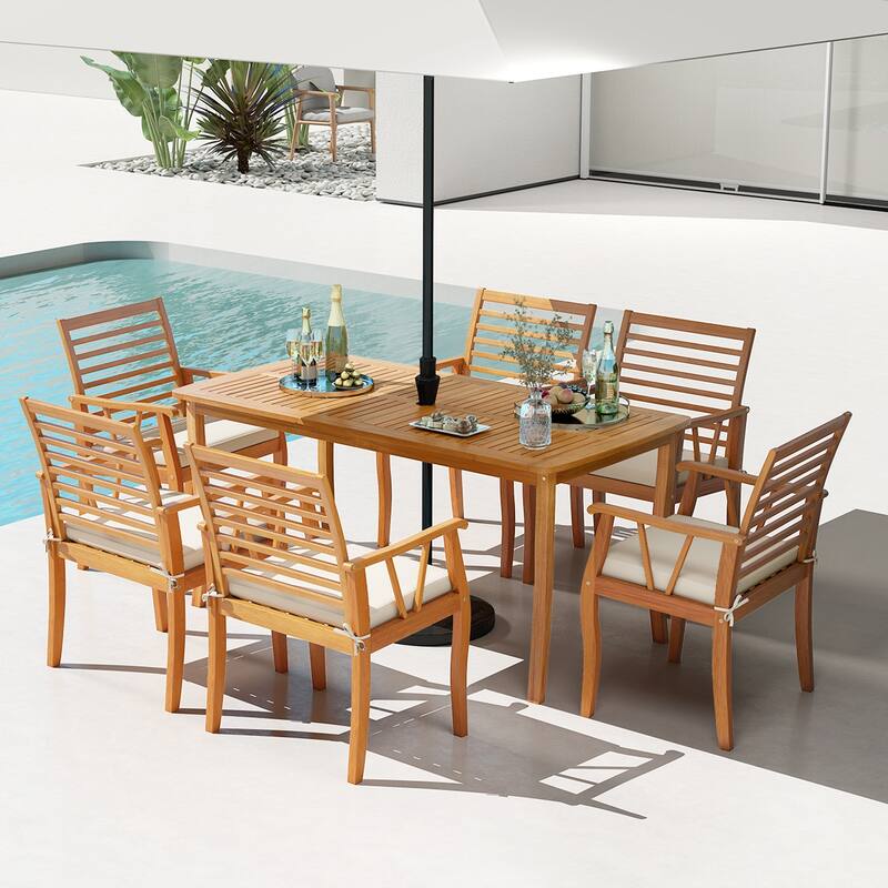 Gymax 63'' Outdoor Dining Table w/ Umbrella Hole Slatted Tabletop for