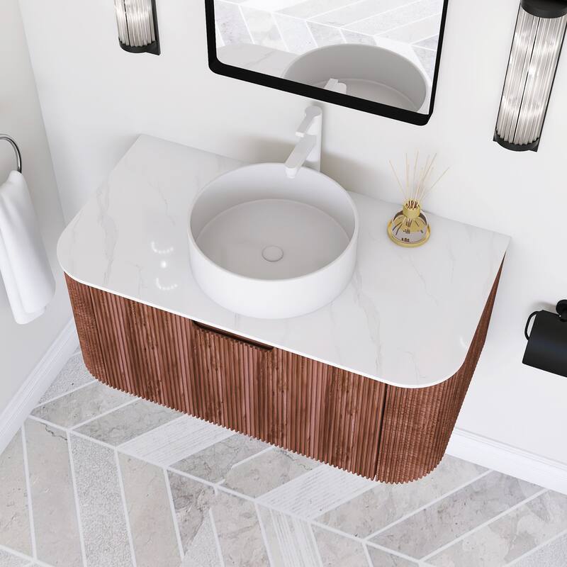 Plywood Wall-Mounted Bathroom Vanity Set with Integrated Ceramic Sink in Natural Wood