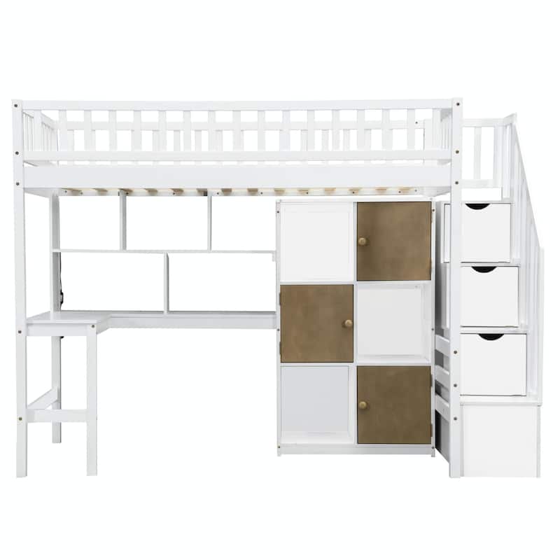 Wooden Twin Loft Bed with Built-in Desk, LED Lights, Storage Shelves, Cabinets & Staircase