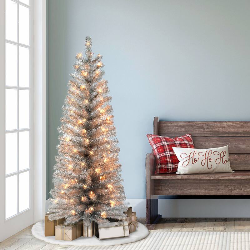 4.5' Pre-lit Silver Tinsel Slim Artificial Christmas Tree, Clear Lights - 4.5 Foot