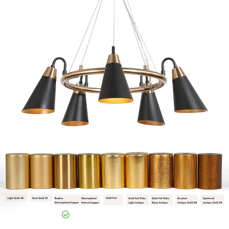 Modern 5-Light Black Gold Chandelier Wagon Wheel Pendant Lights with Metal Shades - 23.5"L x 33.5"H