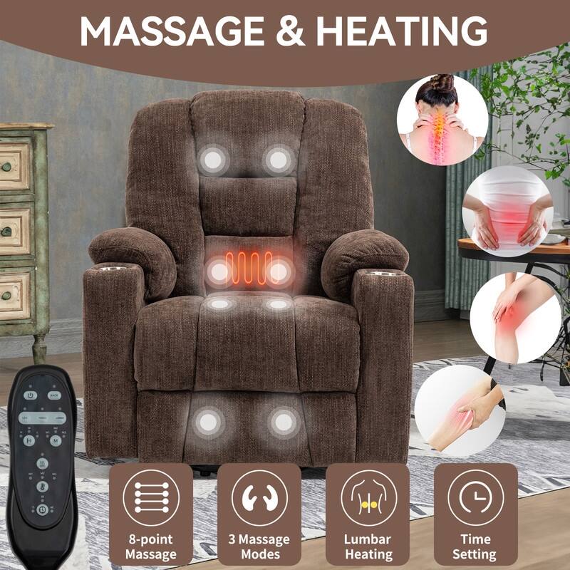 Large Power Lift Recliner with Massage & Heat - Heavy Duty Wide Recliner Chair for Elderly, USB/Type-C Charging, Cup Holders