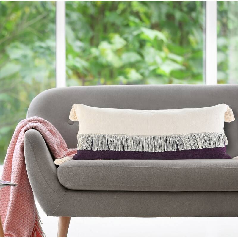 HomeRoots 14" X 36" Purple And Off-White 100% Cotton Zippered Pillow
