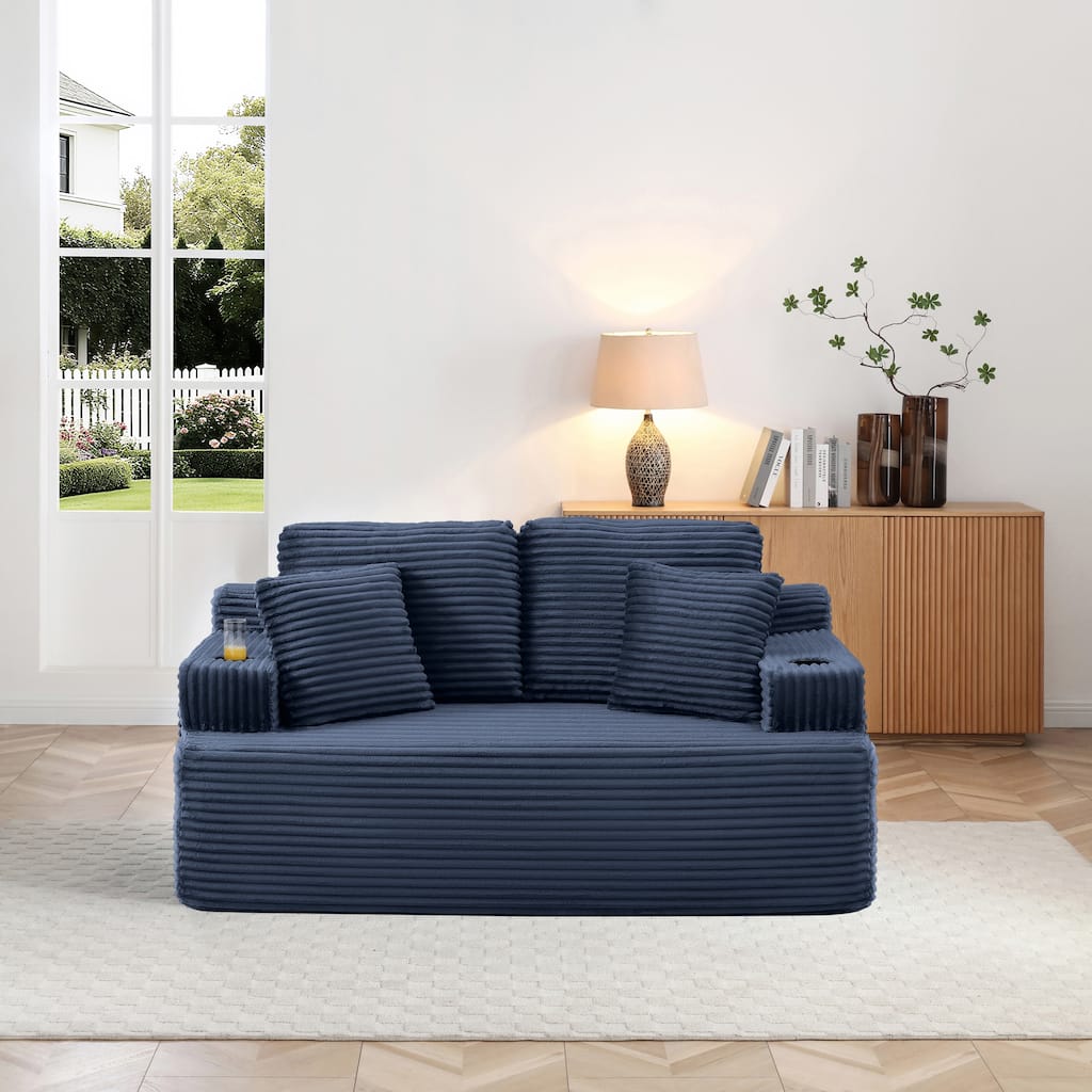 Blue 66.5'' Boneless Sofa Couch with 2 Pillows, 2 Seater Sofa Couch Upholstered Loveseat with Side Pocket