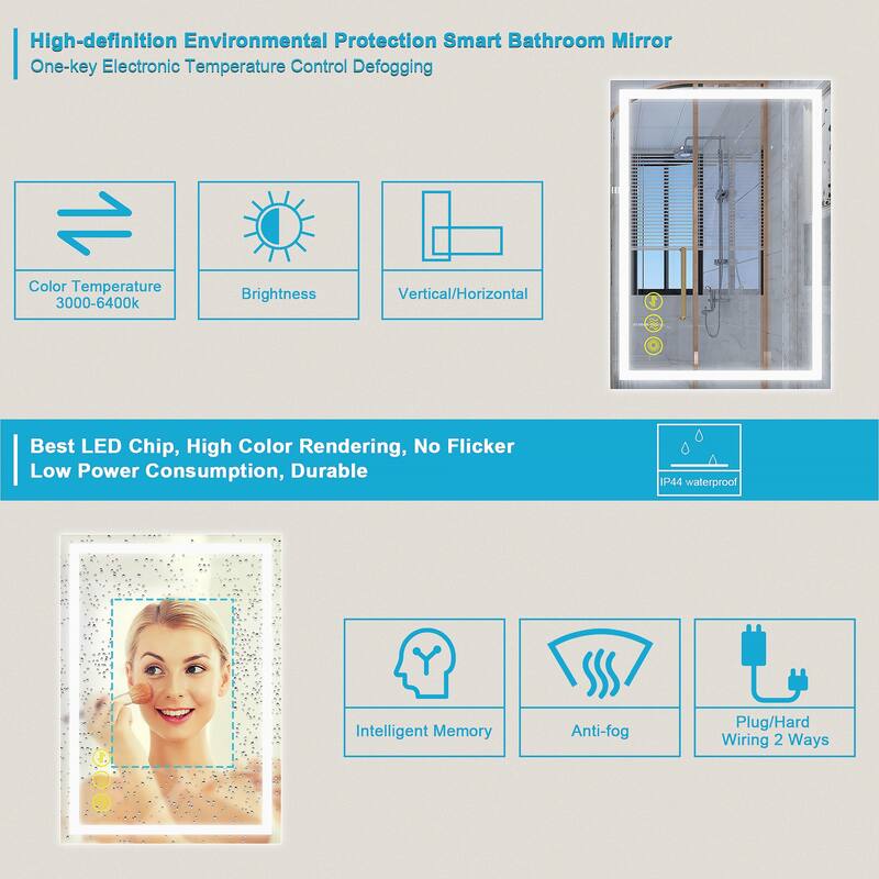 GlareGuard 20x28" Rectangular Anti-Fog Dimmable Backlit LED Bathroom Vanity Mirror - Clear