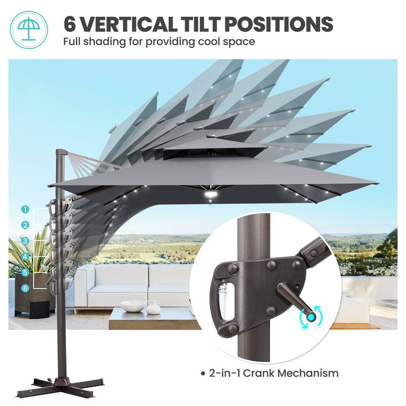 9 x 11 FT Outdoor LED Lighted Patio Cantilever Umbrella with 4-Piece Fillable Weighted Base