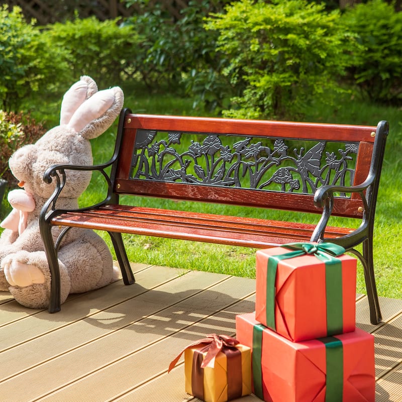 MAISON ARTS Outdoor Garden Bench for Children, 33'' L Metal Bench with Wood Seating & Floral Pattern Back