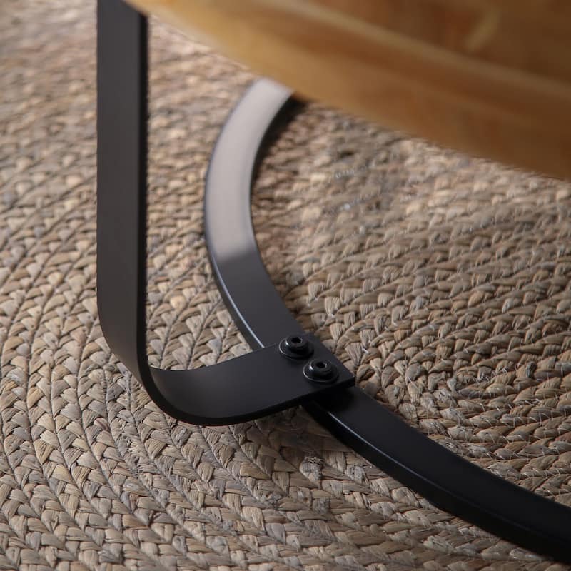 GDFStudio Calvion Round Pine Wood Coffee Table with Steel Frame and Carving Pattern